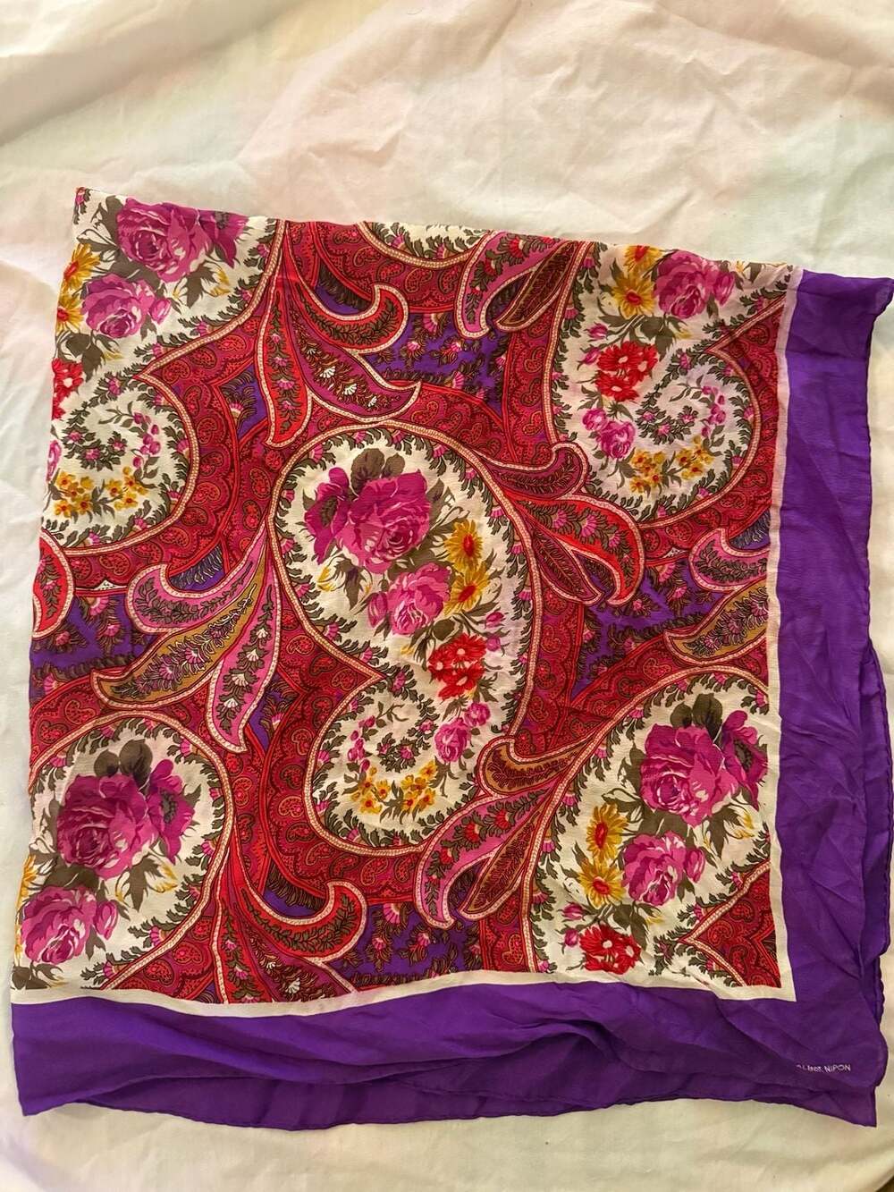 1970s Vintage Albert Nipon 100% Silk Floral Paisley Scarf  Made in Japan 35x35